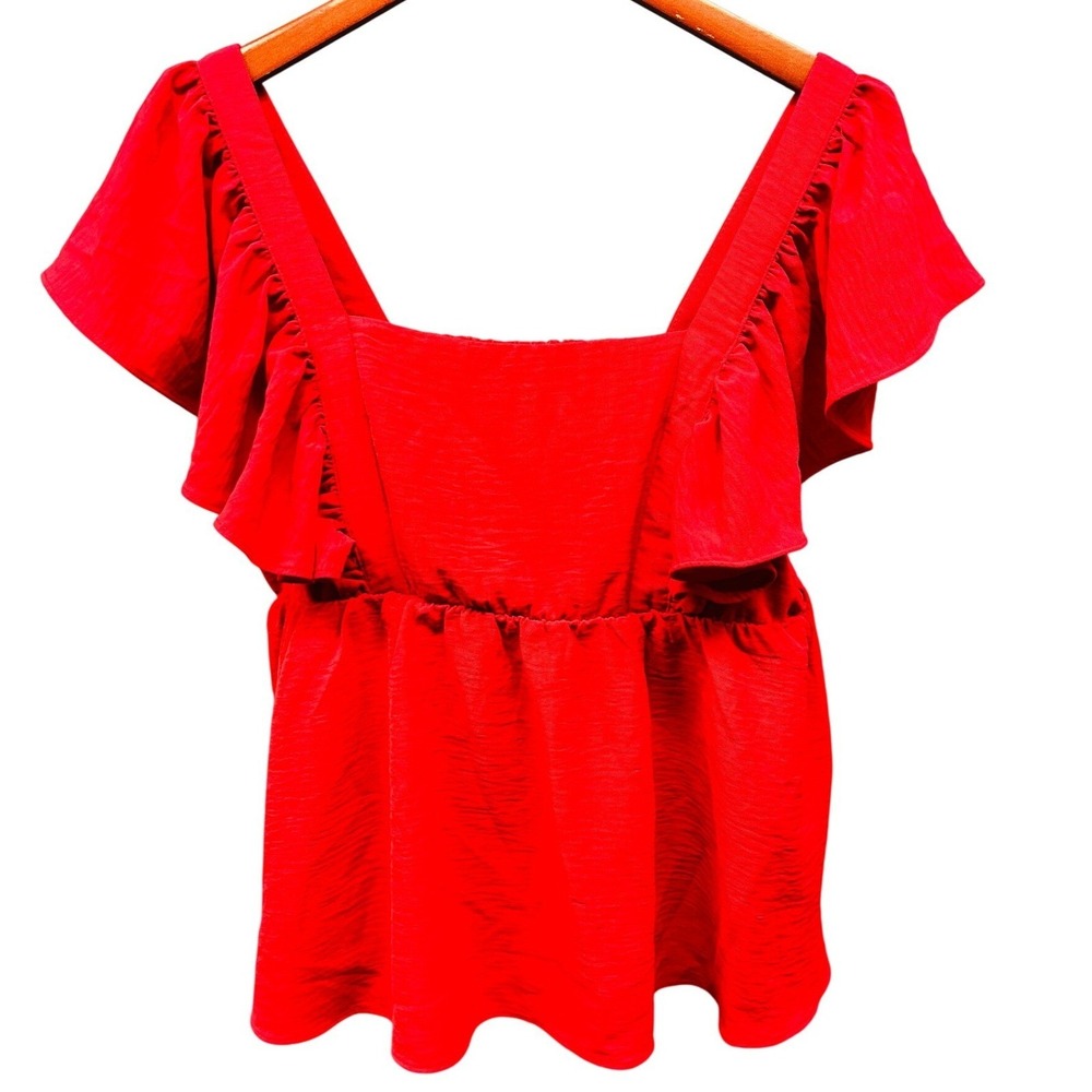 Nine Britton Ruffle Peplum Blouse Womens XL Red Square Neck Short Sleeve Casual